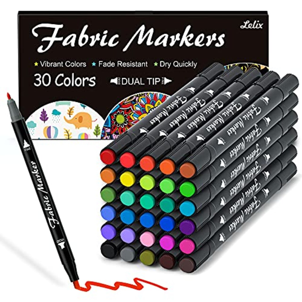 Lelix Fabric Markers, 30 Permanent Colors Dual Tip Fabric Pens for